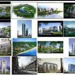 مجموعه طراحی لایه باز باغ و نمای ساختمان