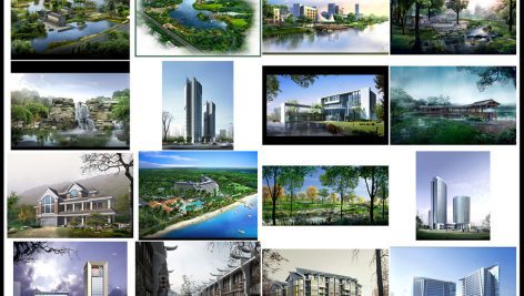 مجموعه طراحی لایه باز باغ و نمای ساختمان