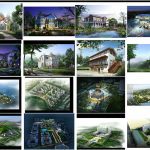 مجموعه طراحی لایه باز باغ و نمای ساختمان