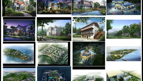 مجموعه طراحی لایه باز باغ و نمای ساختمان