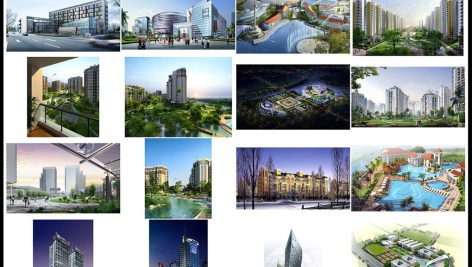 مجموعه طراحی لایه باز باغ و نمای ساختمان