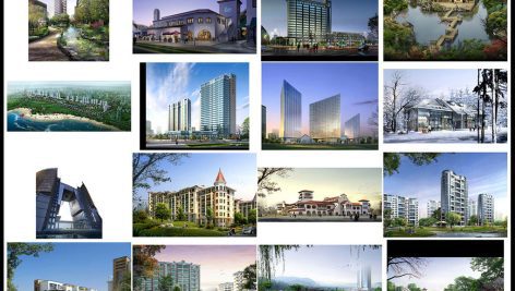 مجموعه طراحی لایه باز باغ و نمای ساختمان