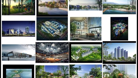 مجموعه طراحی لایه باز باغ و نمای ساختمان