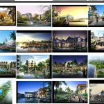 مجموعه طراحی لایه باز باغ و نمای ساختمان