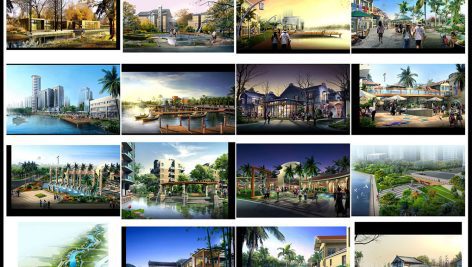 مجموعه طراحی لایه باز باغ و نمای ساختمان